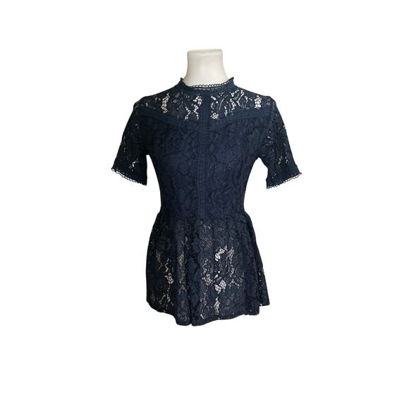 Navy Lace Peplum Top – Sheer Short Sleeve Blouse with Lined Bust & Back Zip - Picture 1 of 6